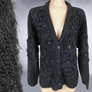 VINTAGE 80s Wild Embellished Faux Mohair Cardigan Sweater by Kitty Hawk Sz Large